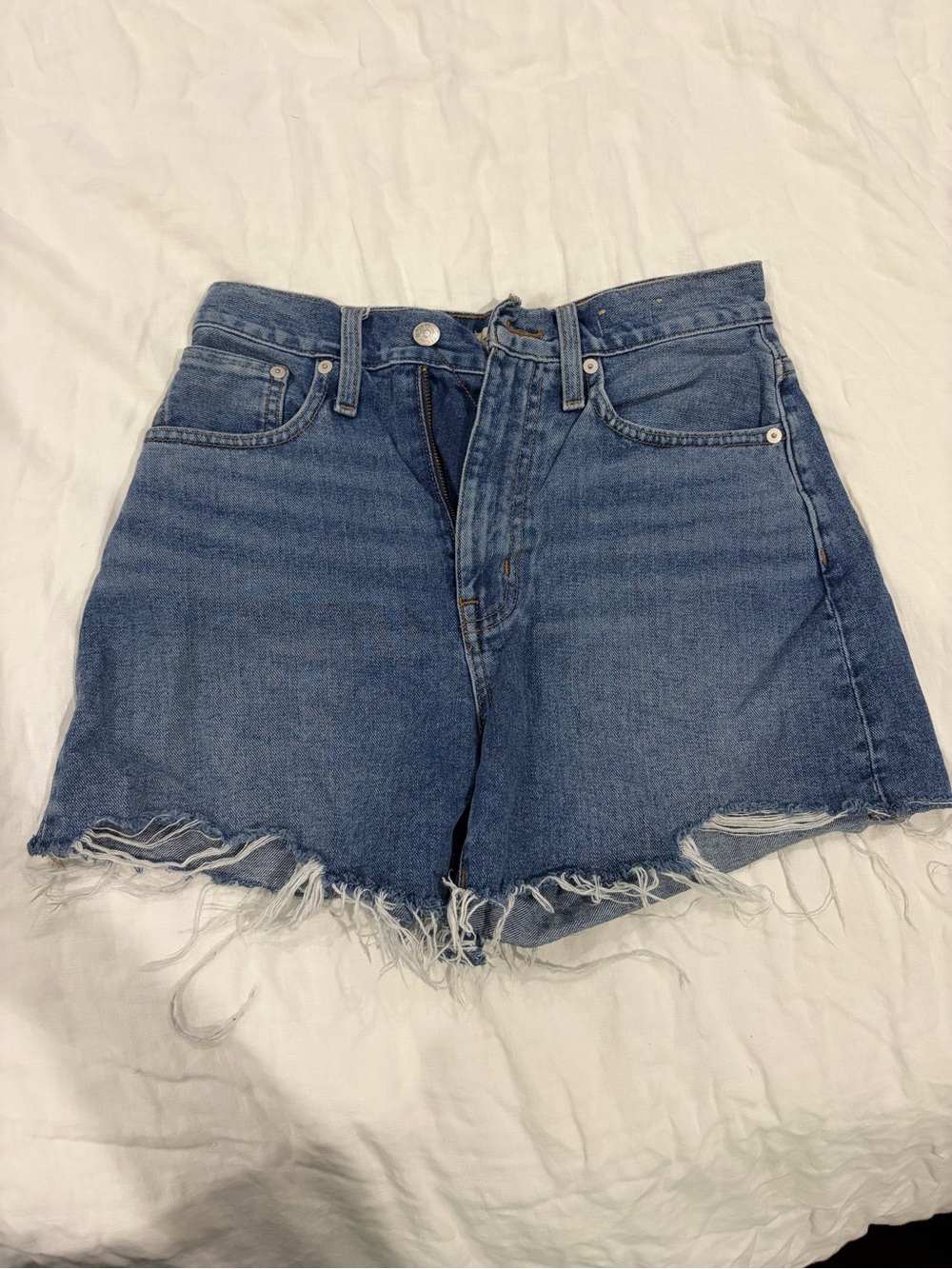 Madewell Blue High-Rise Distressed Denim Shorts